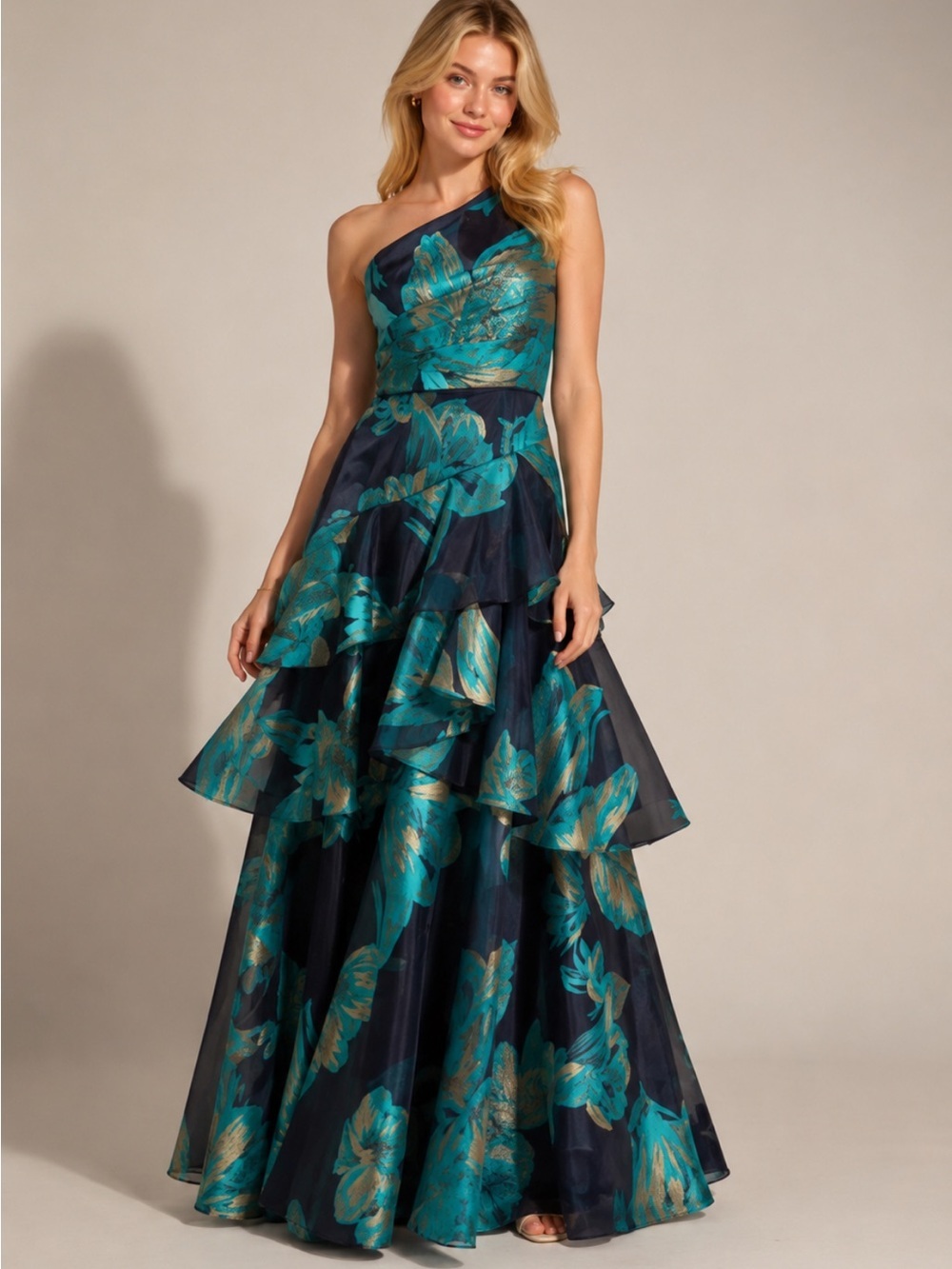 Aidan Mattox Navy and Teal Floral One-Shoulder Maxi Dress